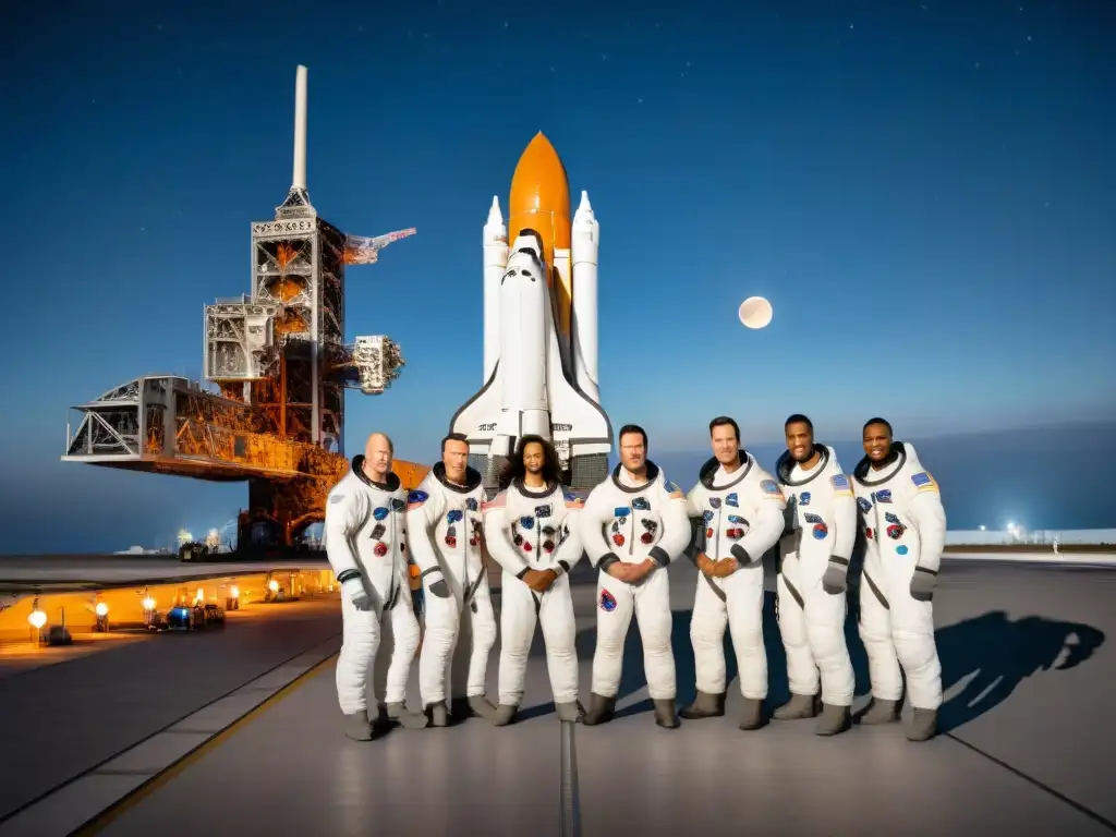 Emotivos preparativos viaje espacial último minuto: astronautas listos para lanzamiento en noche estrellada