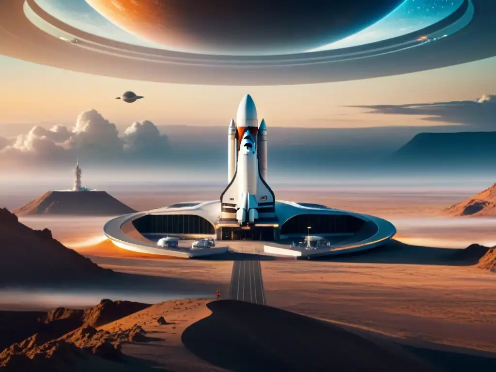 Empresas líderes turismo espacial: Futurista espacioportuario con astronáutas, naves y tecnología avanzada, listos para el espacio