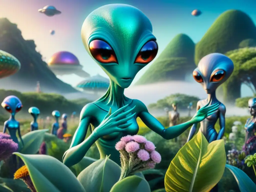 Encuentro pacífico entre humanos y extraterrestres amistosos en un paisaje alienígena exuberante