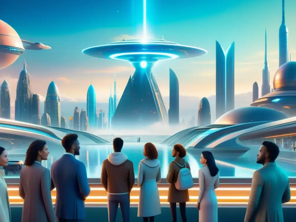 Un encuentro pacífico entre humanos y extraterrestres amistosos en una ciudad futurista