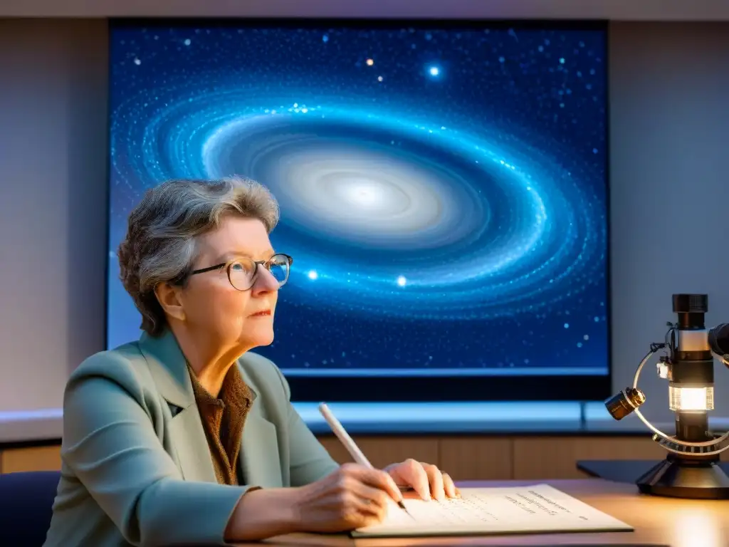 Descubrimiento enigma pulsares Jocelyn: En el laboratorio, Jocelyn Bell Burnell desvela secretos astronómicos bajo una luz etérea