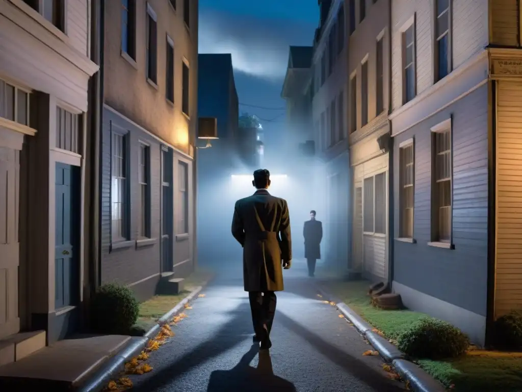 Enigmático callejón iluminado por luces titilantes, con siluetas de personajes de Twilight Zone emergiendo de las sombras