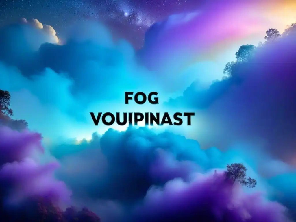 Un enigmático guión extraterrestre brilla en tonos azules y púrpuras, entre polvo cósmico y estrellas, evocando idiomas inventados en ciencia ficción