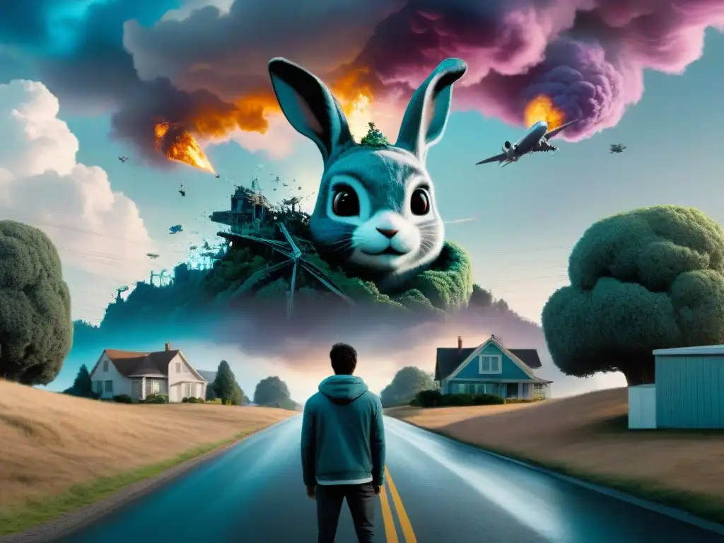 Enigmáticos mundos alternativos en Donnie Darko: dos realidades paralelas se fusionan en una ilustración digital detallada