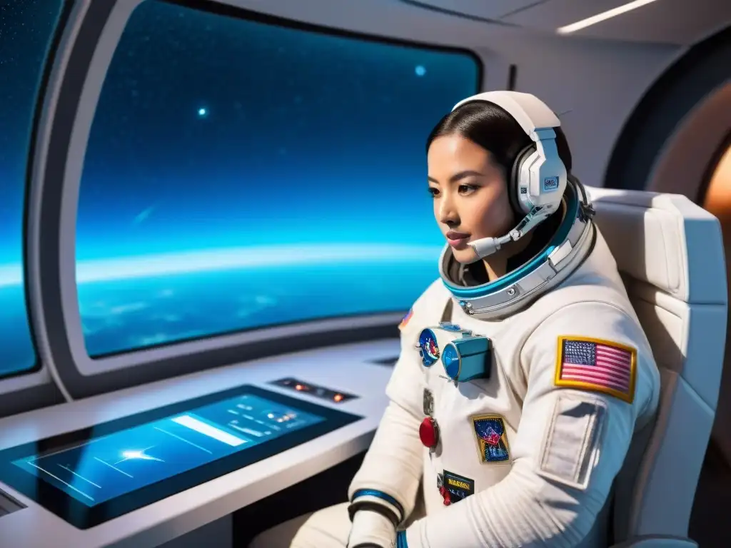 Entrenamiento de astronauta en gravedad cero: astronauta concentrado en cabina espacial futurista