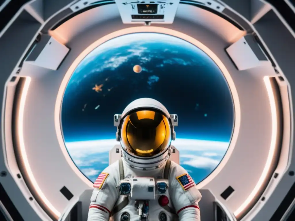 Entrenamiento de astronauta en gravedad cero, práctica intensa y determinada en el interior futurista de la nave espacial