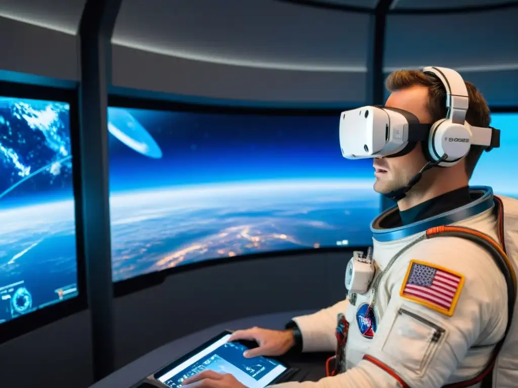 Entrenamiento de astronautas en naves espaciales con tecnología futurista en simulador de realidad virtual