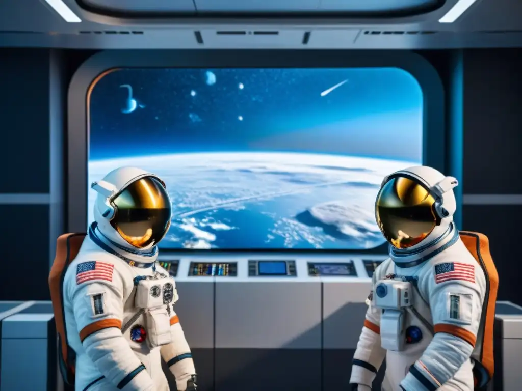 Entrenamiento para vivir en el espacio: Astronautas en simulador, trajes futuristas y ejercicios de salud mental, vista de la Tierra desde el espacio