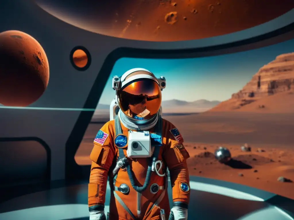 Entrenamiento psicológico del astronauta en hábitat simulado de Marte, rodeado de tecnología futurista