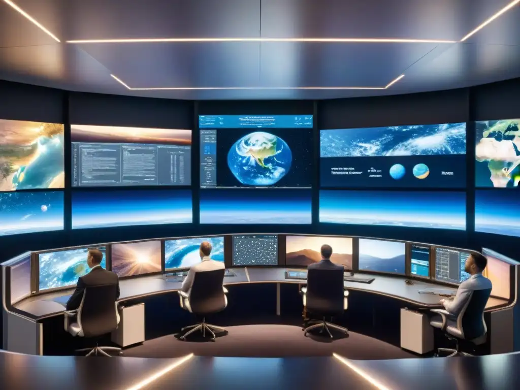 Un equipo de astrofísicos y ingenieros en una sala de control de una agencia espacial, concentrados en monitores con simulaciones 3D del universo