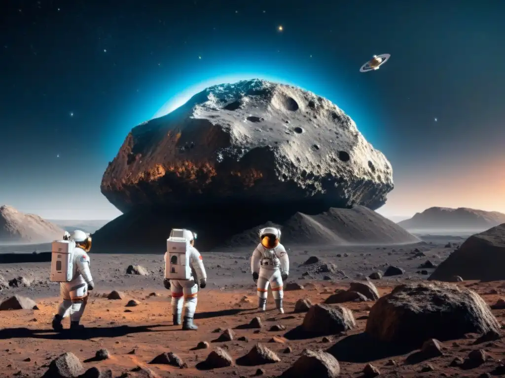 Equipo de astronautas extrayendo agua de un asteroide en operación futurista para colonización espacial