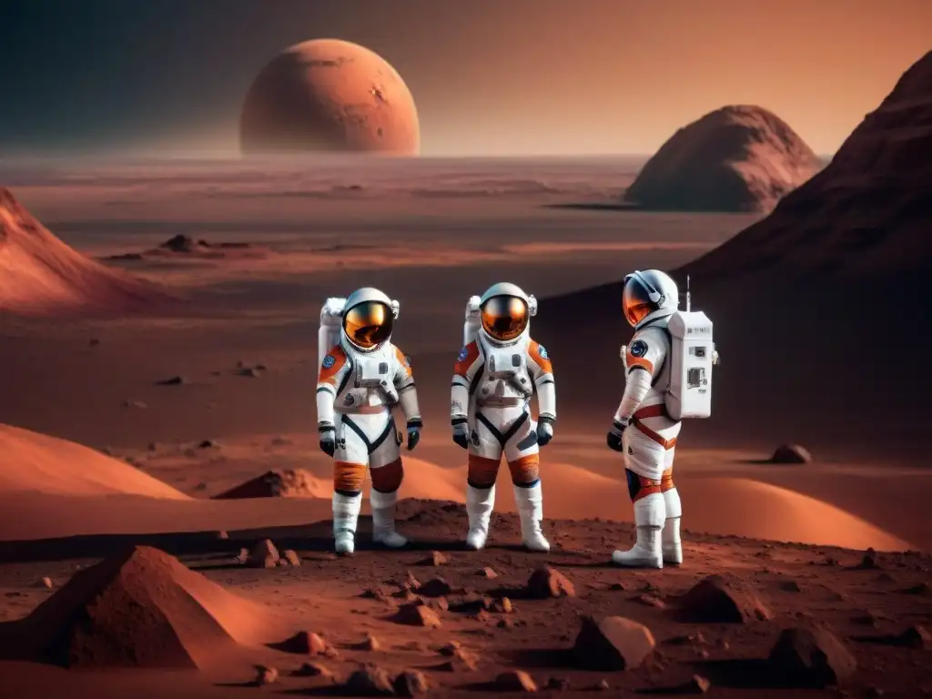 Equipo de astronautas diverso en trajes futuristas preparándose para misión a Marte en terreno similar a Marte