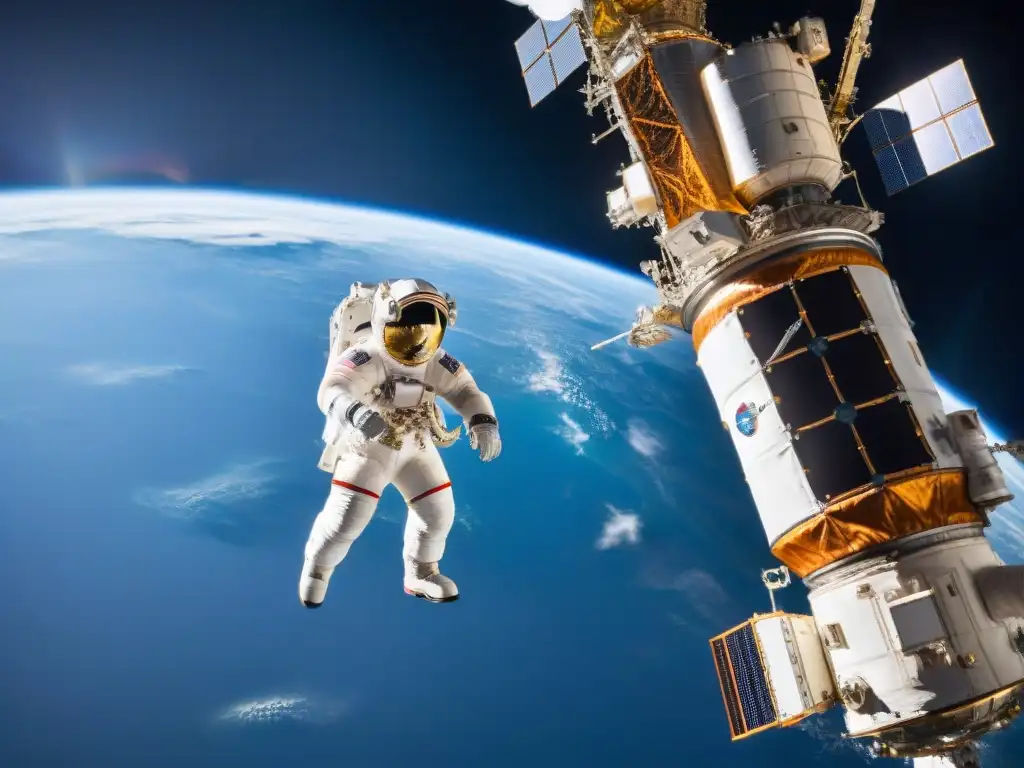 Equipo de astronautas en espacio exterior reparando la Estación Espacial Internacional, rodeados por la inmensidad del cosmos y la Tierra al fondo