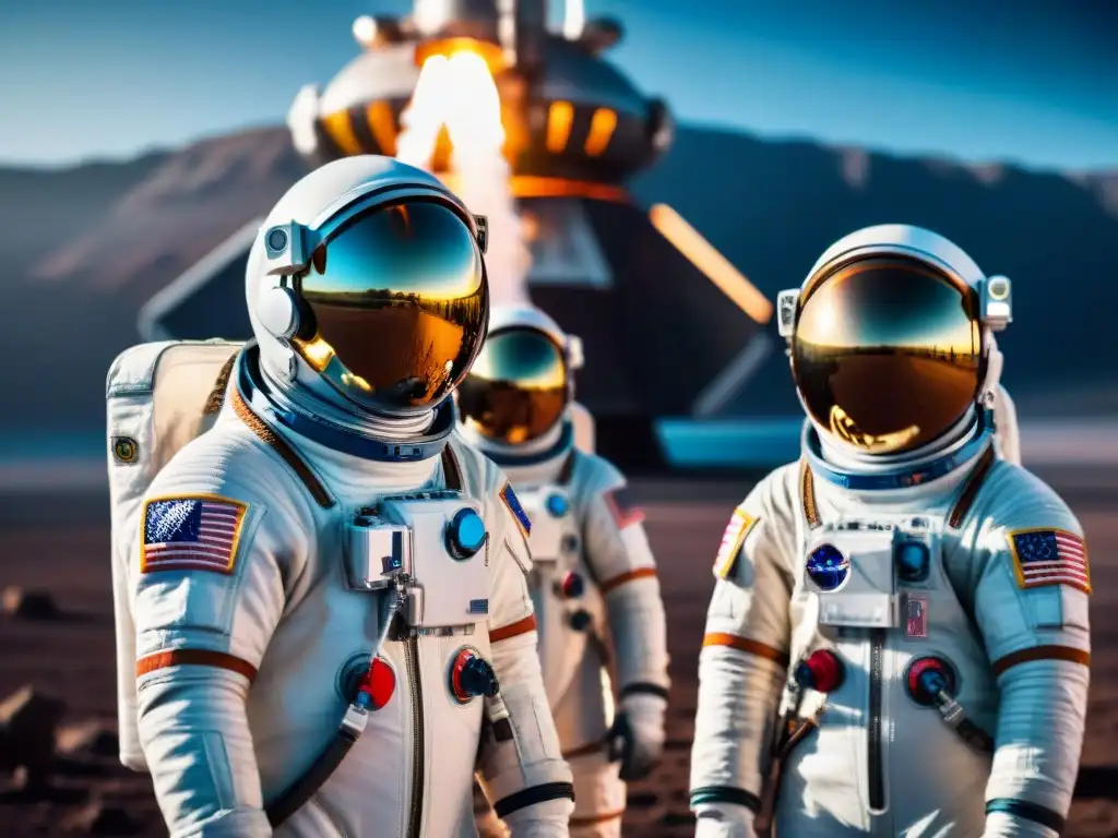 Equipo de astronautas frente a nave espacial futurista, destacando la importancia de la cohesión espacial