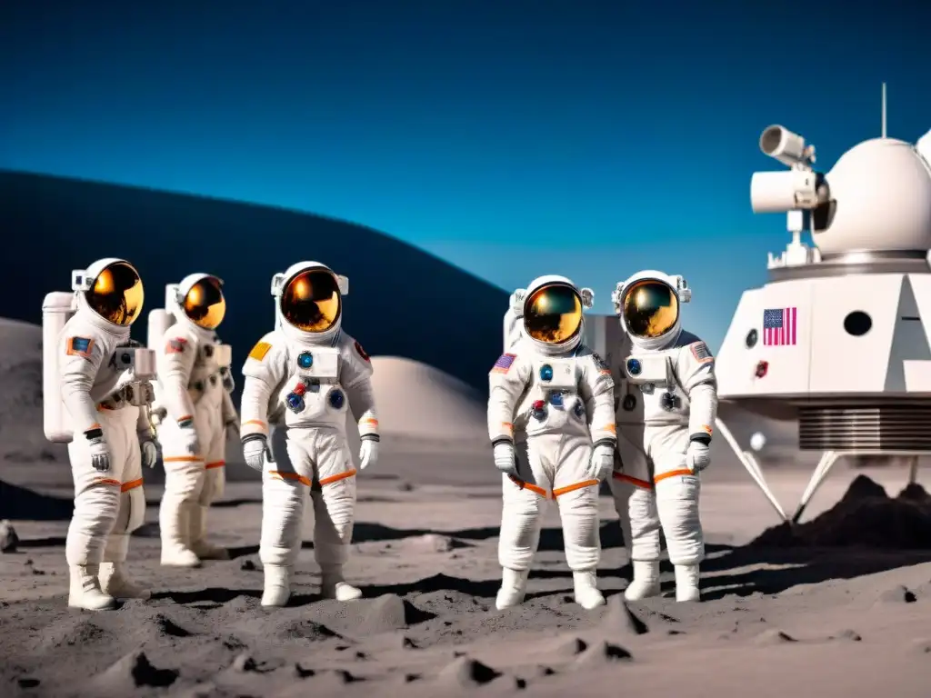 Un equipo de astronautas internacionales diverso colabora en la construcción de una base lunar para la Misión Artemis exploración lunar global