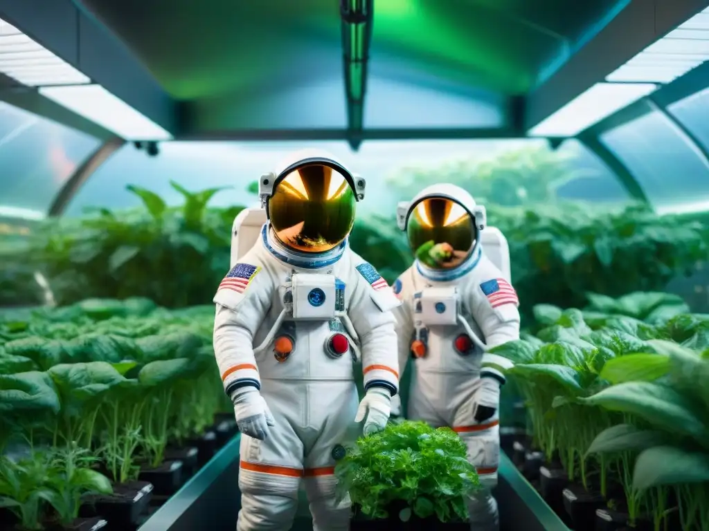 Equipo de astronautas en jardín hidropónico de nave espacial: innovación en dieta espacial para astronautas