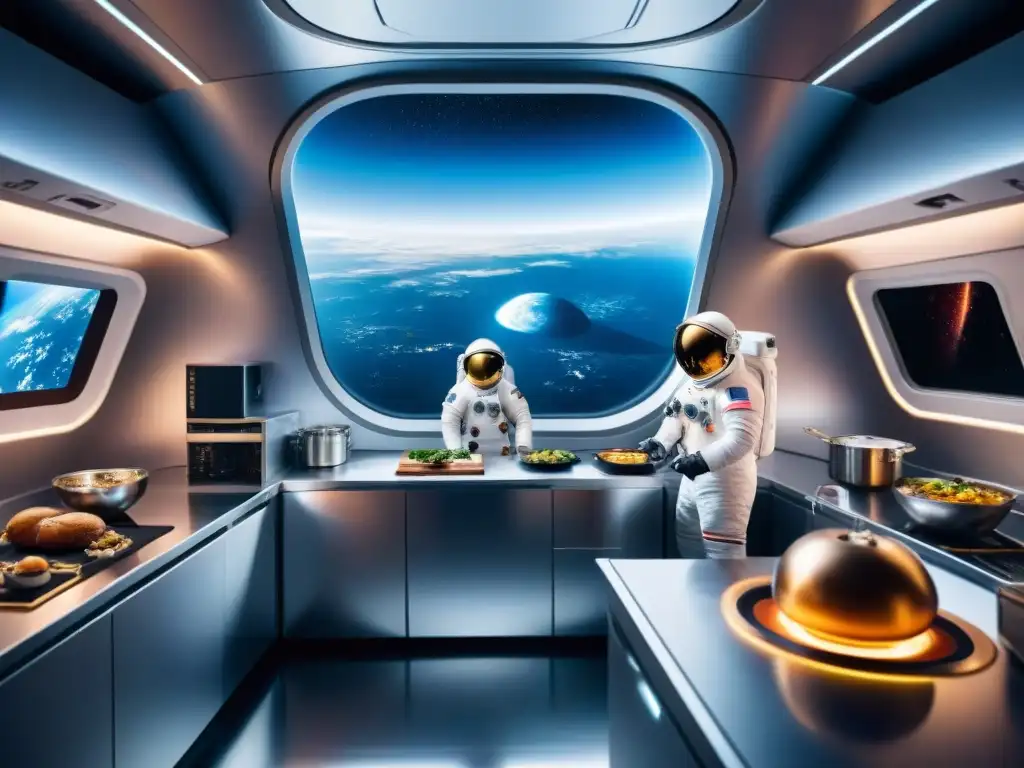 Equipo de astronautas preparando recetas cocina espacial en nave futurista con vista a la Tierra