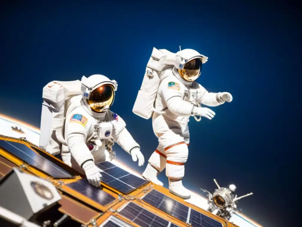 Equipo de astronautas en reparación de panel solar, vista de la Tierra