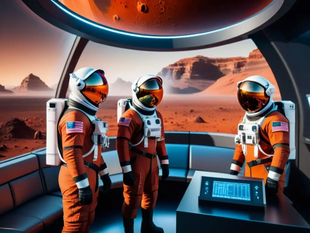 Equipo de astronautas en simulacro de misión a Marte en estación espacial de alta tecnología, con paisajes marcianos y tecnología avanzada