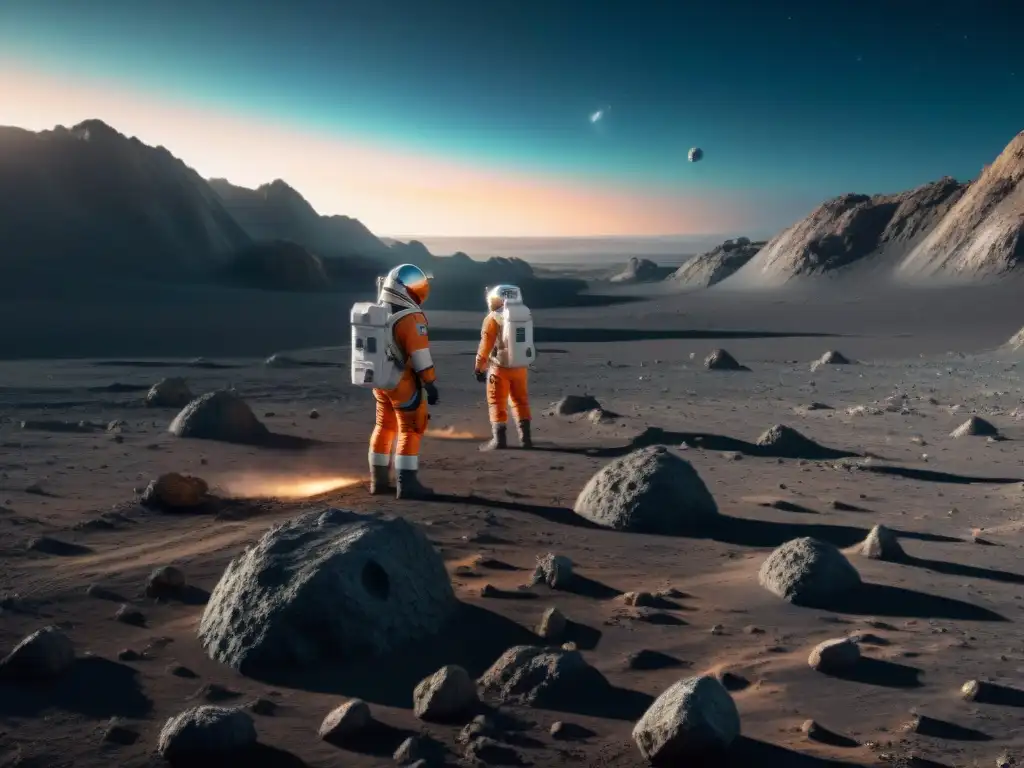 Un equipo de astronautas en trajes espaciales futuristas realiza una minuciosa investigación en un enorme asteroide en el espacio