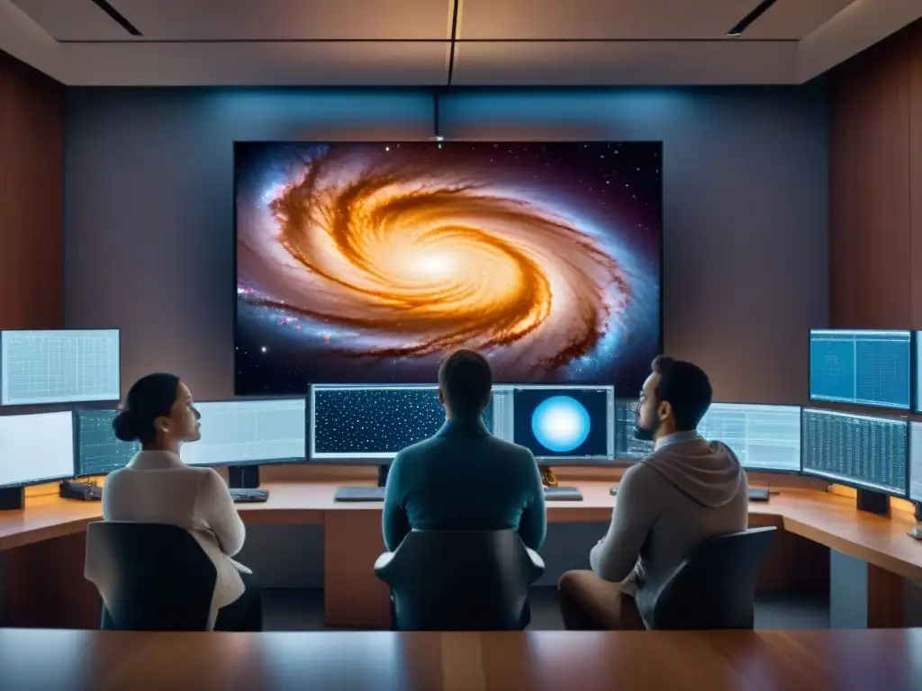 Equipo de astrónomos analizando datos de galaxia en pantalla, descubrimiento de planetas con software