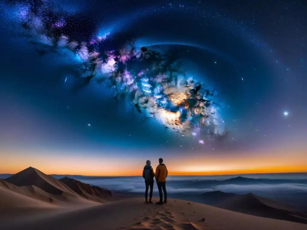 Explorando el universo: astrónomos frente al telescopio Equipo de astrónomos en el desierto, maravillados por simulaciones de agujeros negros