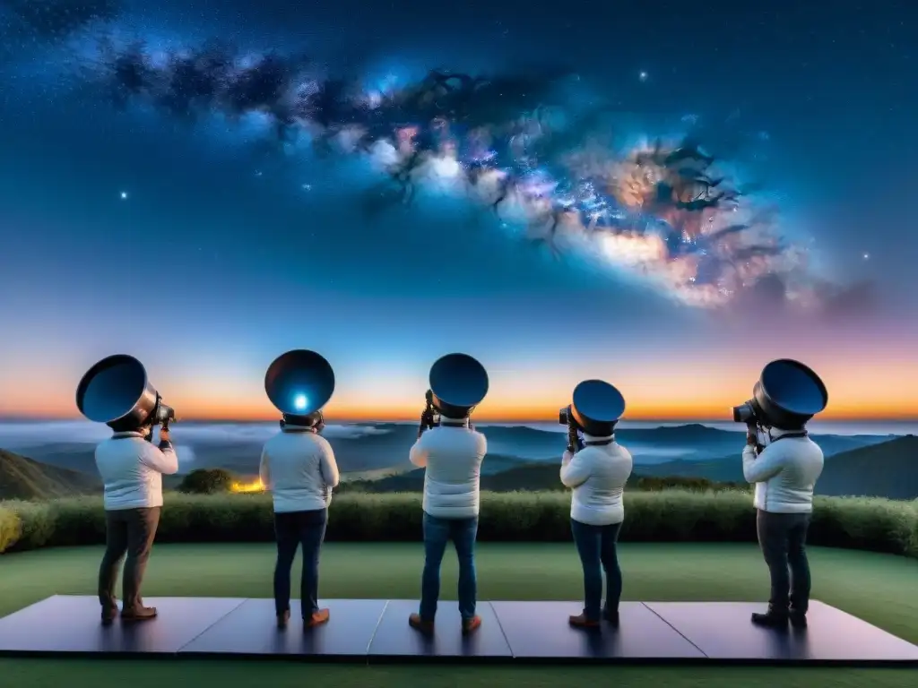 Un equipo de astrónomos profesionales frente a telescopios avanzados, observando el cielo estrellado con precisión