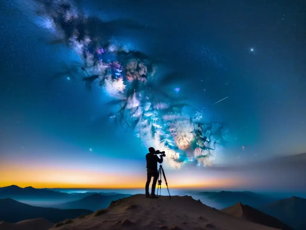 Equipo de astrofotografía capturando la belleza del universo estrellado en una noche asombrosa