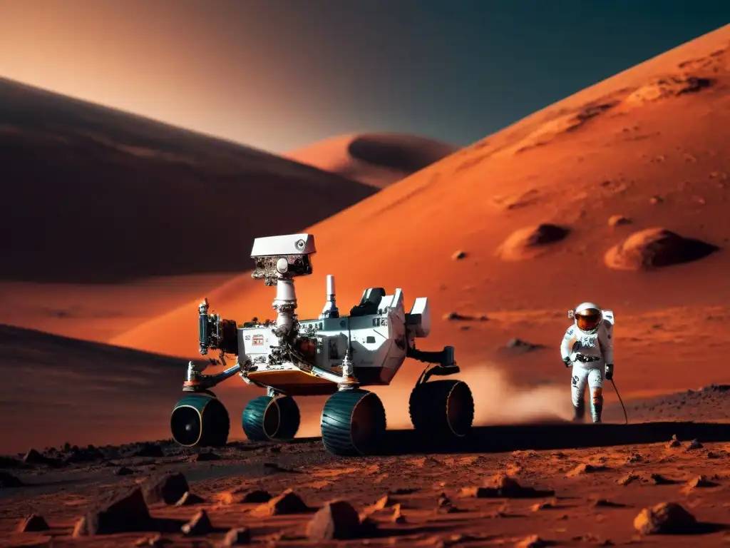 Un equipo de científicos en un avanzado rover en Marte, recolectando muestras en una histórica misión espacial en el planeta rojo