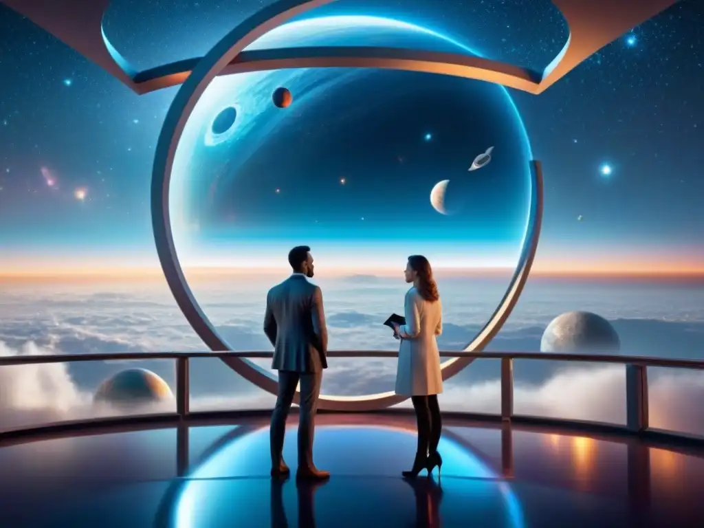 Exploración cósmica: científicos en observatorio futurista Equipo de científicos estudia datos en observatorio espacial, con vista a planeta alienígena