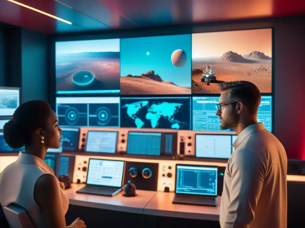 Un equipo de científicos diversos en una sala futurista, analizando datos y tomando decisiones en programas exploración virtual Marte