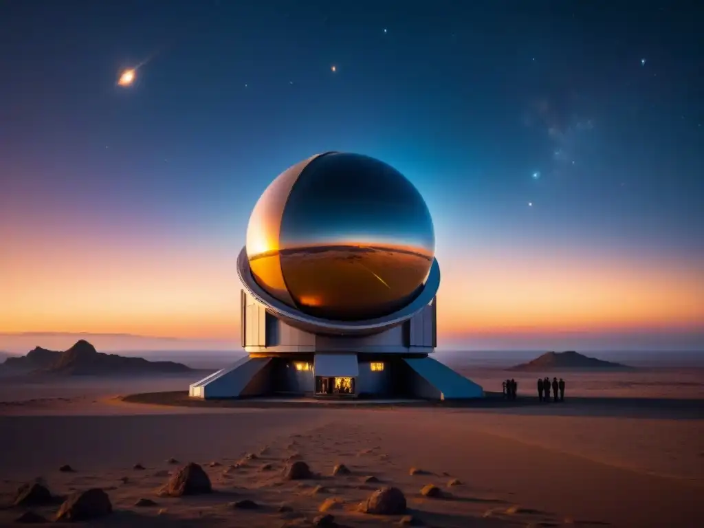 Un equipo de científicos observando un exoplaneta rocoso a través de un telescopio en el desierto oscuro, revelando secretos cósmicos