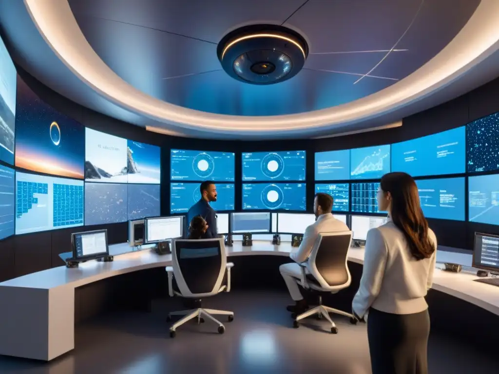 Equipo de expertos en sala de control de observatorio espacial Equipo de científicos y ingenieros en sala de control de observatorio espacial, destacando la importancia robótica en telescopios espaciales