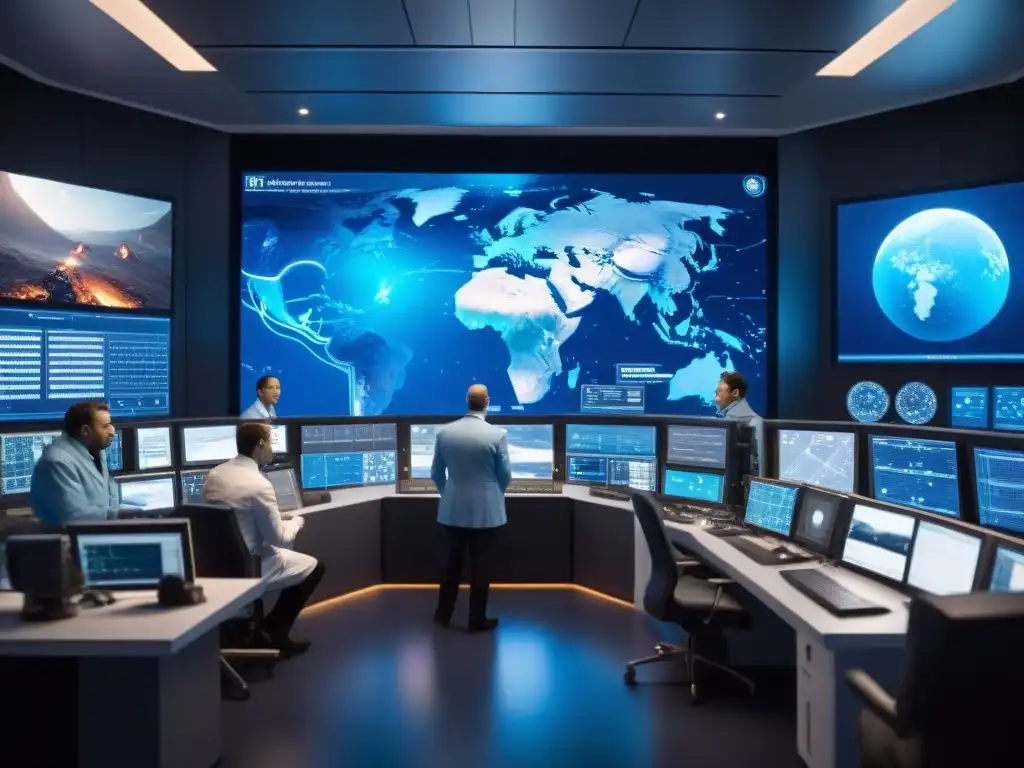 Equipo de científicos y ingenieros en control de asteroides Equipo de científicos y ingenieros en sala de control de alta tecnología, simulando trayectorias de asteroides para prevenir futuras amenazas