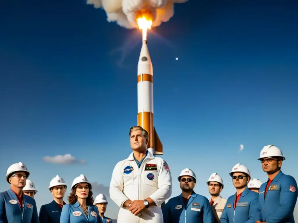 Equipo de científicos junto a Wernher von Braun, genio espacial polémico, admirando un cohete futurista