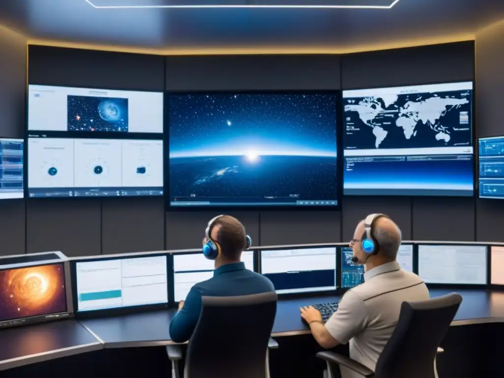 Equipo de científicos de NASA y ESA monitorean trayectorias de asteroides en sala de control futurista Un equipo de científicos de la NASA y la ESA monitorea simulaciones de trayectorias de asteroides en una sala de control de alta tecnología
