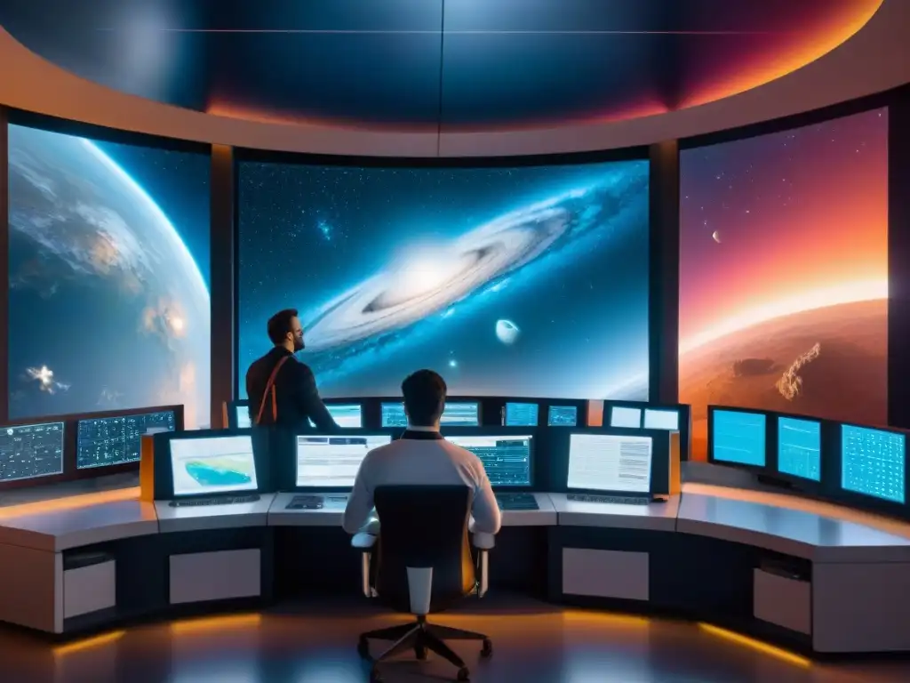 Equipo de científicos en sala de control de observatorio espacial con datos de galaxias