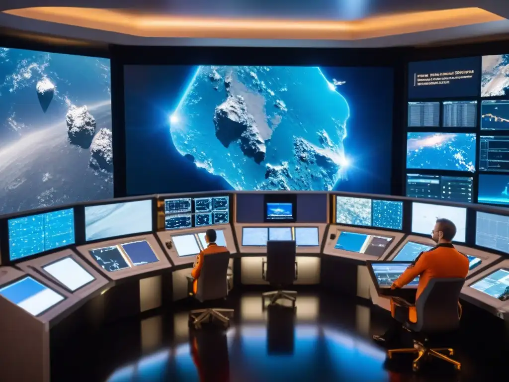 Equipo NASA y ESA monitorean asteroides en control room Equipo de científicos de NASA y ESA en sala de control de alta tecnología, monitoreando asteroides en pantalla