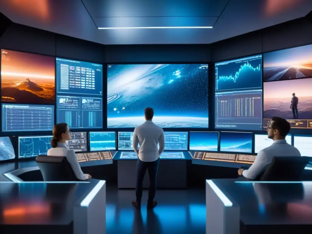 Control room de IA analizando datos del espacio profundo Equipo de científicos y tecnología futurista analizando datos del espacio profundo con IA