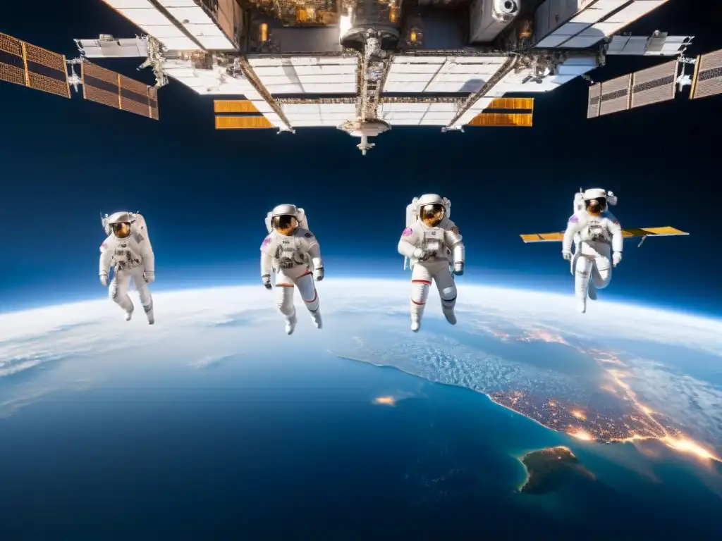 Equipo diverso de astronautas trabajando juntos en la Estación Espacial Internacional, representando la diplomacia internacional en la exploración del espacio