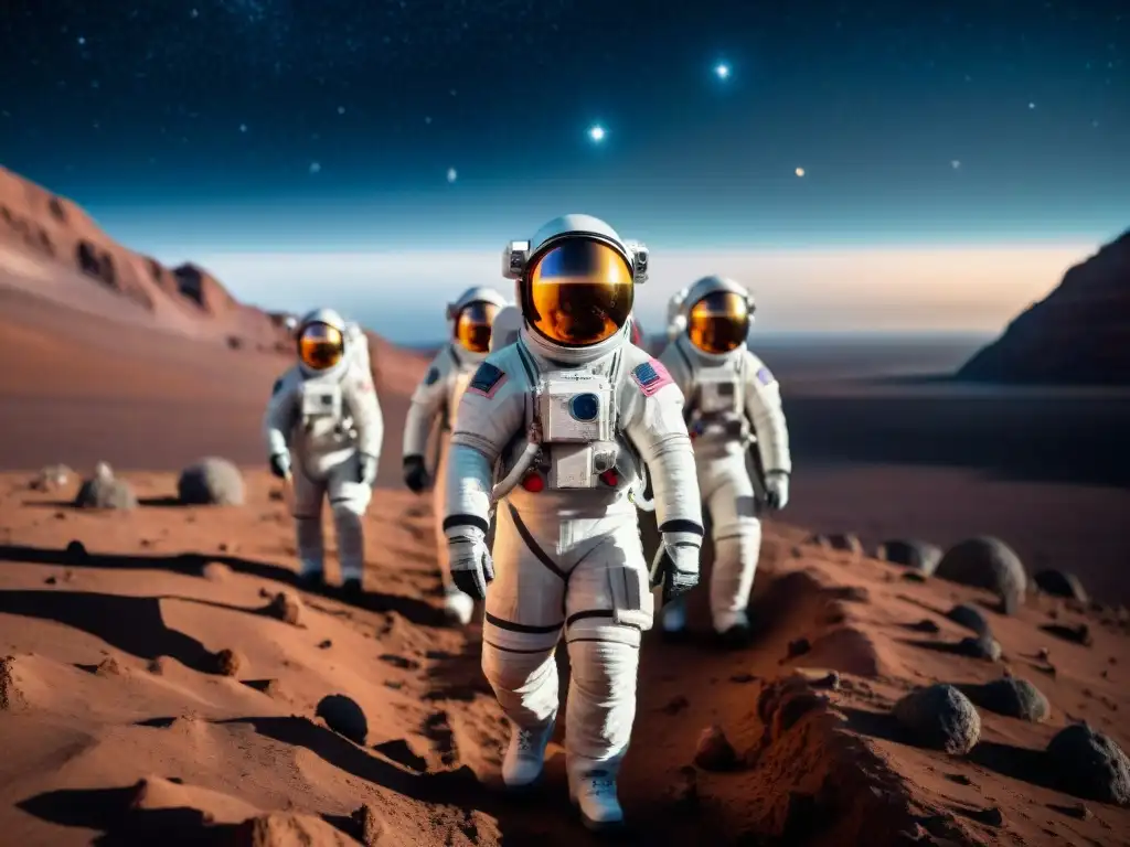 Astronautas en asteroides: unidad y sustentabilidad en el espacio Equipo diverso de astronautas en trajes futuristas, extrayendo recursos de un asteroide en el espacio, transmitiendo exploración sostenible de recursos espaciales