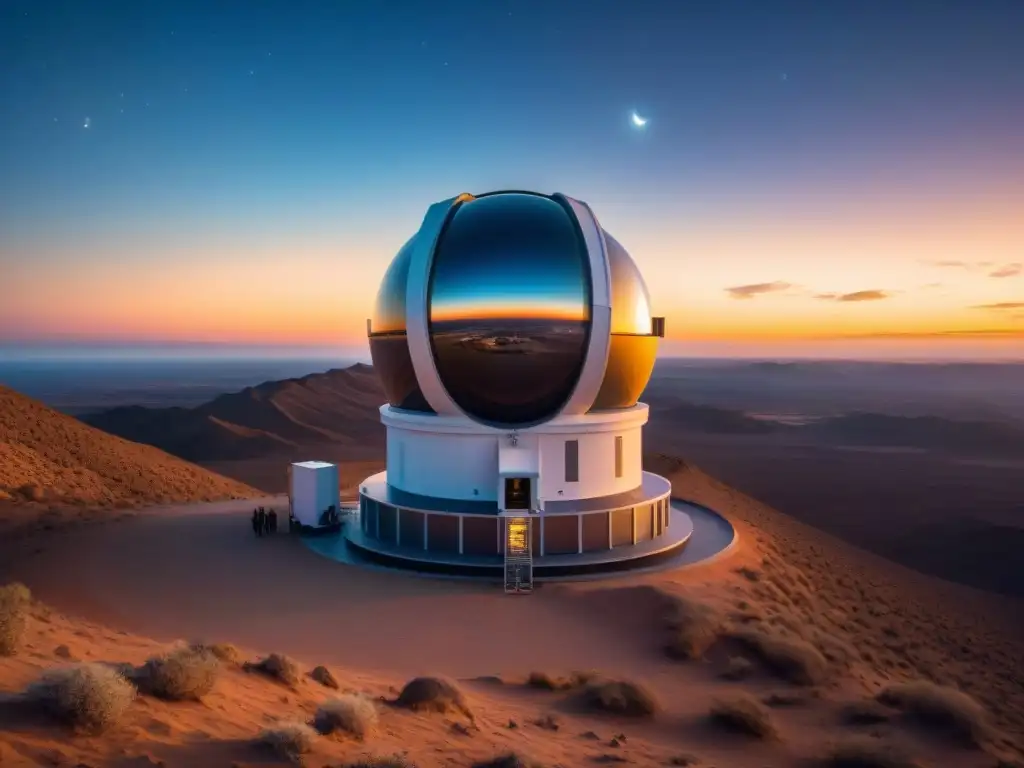 Un equipo diverso de científicos globales observa el cielo estrellado desde un telescopio en el desierto al atardecer