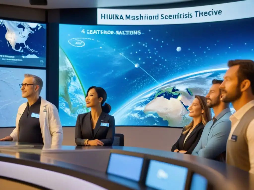 Un equipo diverso de científicos y ingenieros se reúne frente a una pantalla digital mostrando mapas lunares y trayectorias de misión
