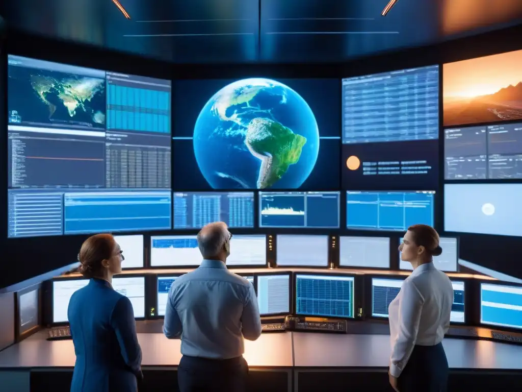 Equipo de científicos de la ESA monitorean asteroide Un equipo diverso de científicos de la ESA en una sala de control, rastreando un asteroide en monitores avanzados