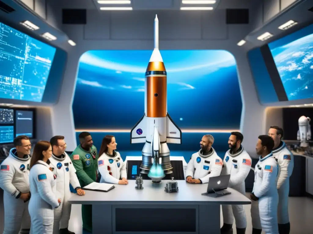 Equipo diverso de ingenieros y astronautas en base espacial Equipo diverso de ingenieros y astronautas colaborando en el desarrollo de vehículos lanzadores espaciales en una instalación espacial futurista