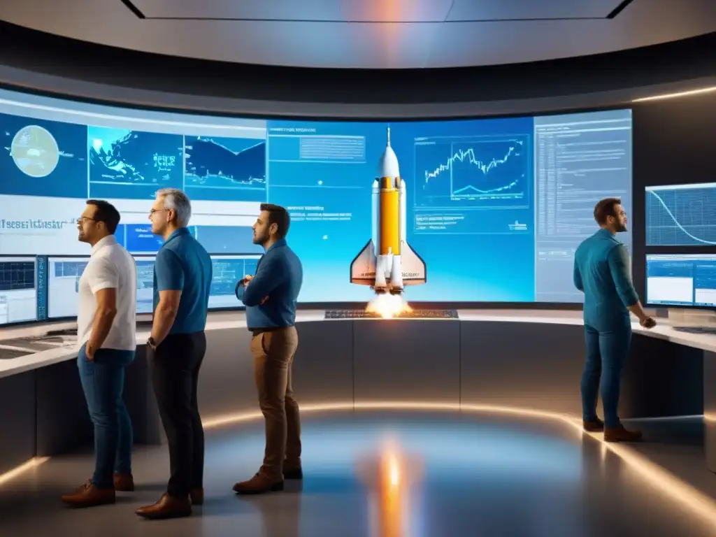 Un equipo diverso de ingenieros y científicos colabora apasionadamente en la construcción de cohetes en una instalación espacial de vanguardia