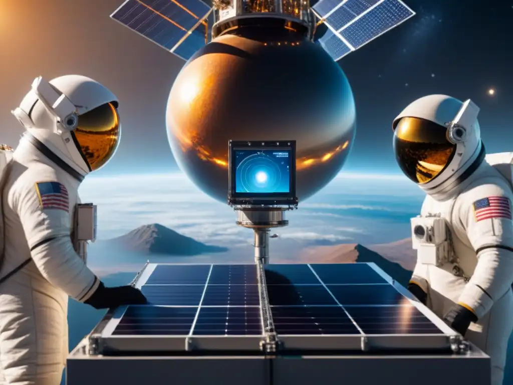 Montaje de satélite futurista en laboratorio espacial Un equipo diverso de ingenieros ensambla con precisión un satélite de alta tecnología en un laboratorio espacial, destacando la exploración espacial y la impactante tecnología moderna