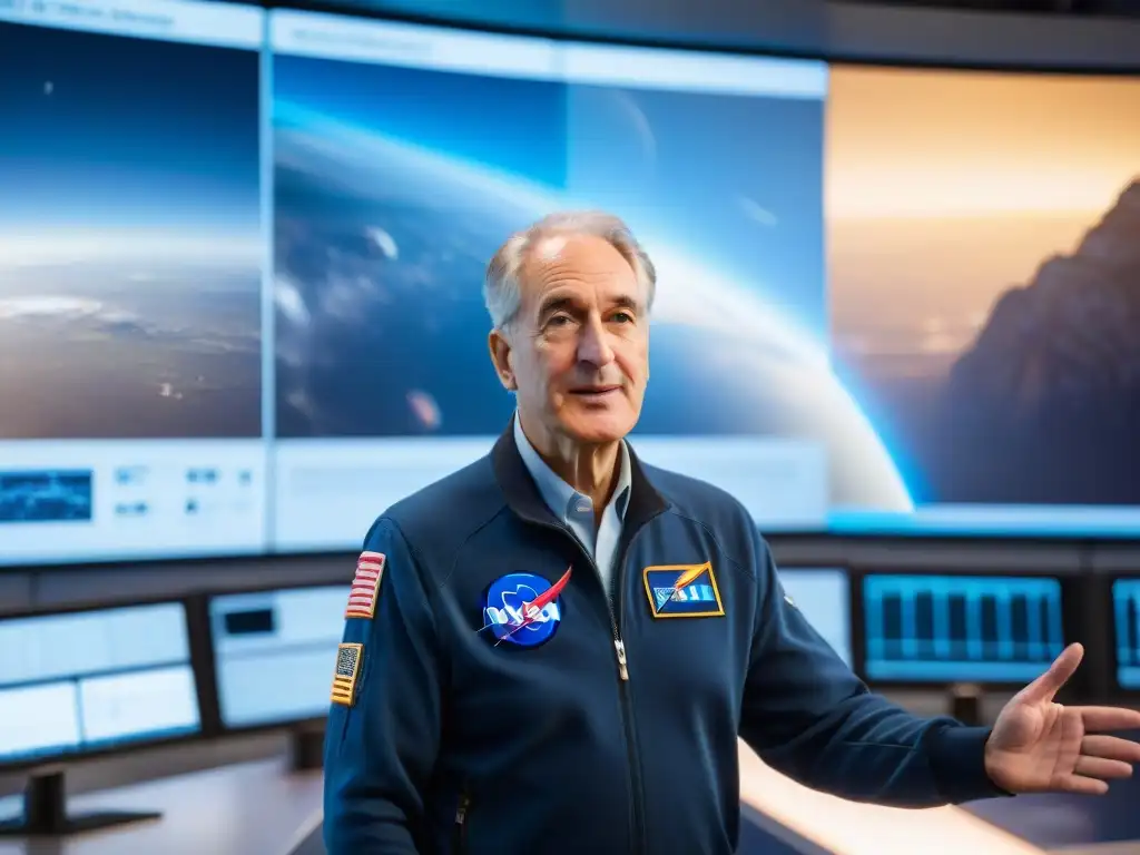 George Mueller lidera equipo diverso en discusión sobre diseño de nave espacial en sala de control de la NASA