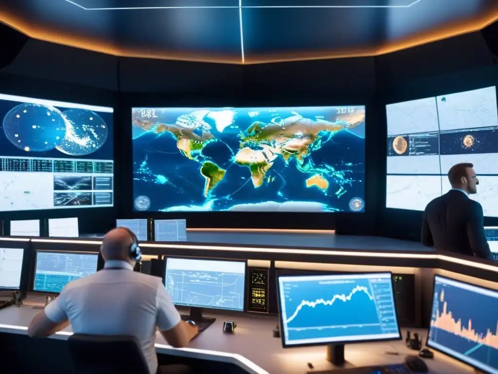 Equipo diverso y tecnología avanzada en la sala de control de la Agencia Espacial Europea durante una misión