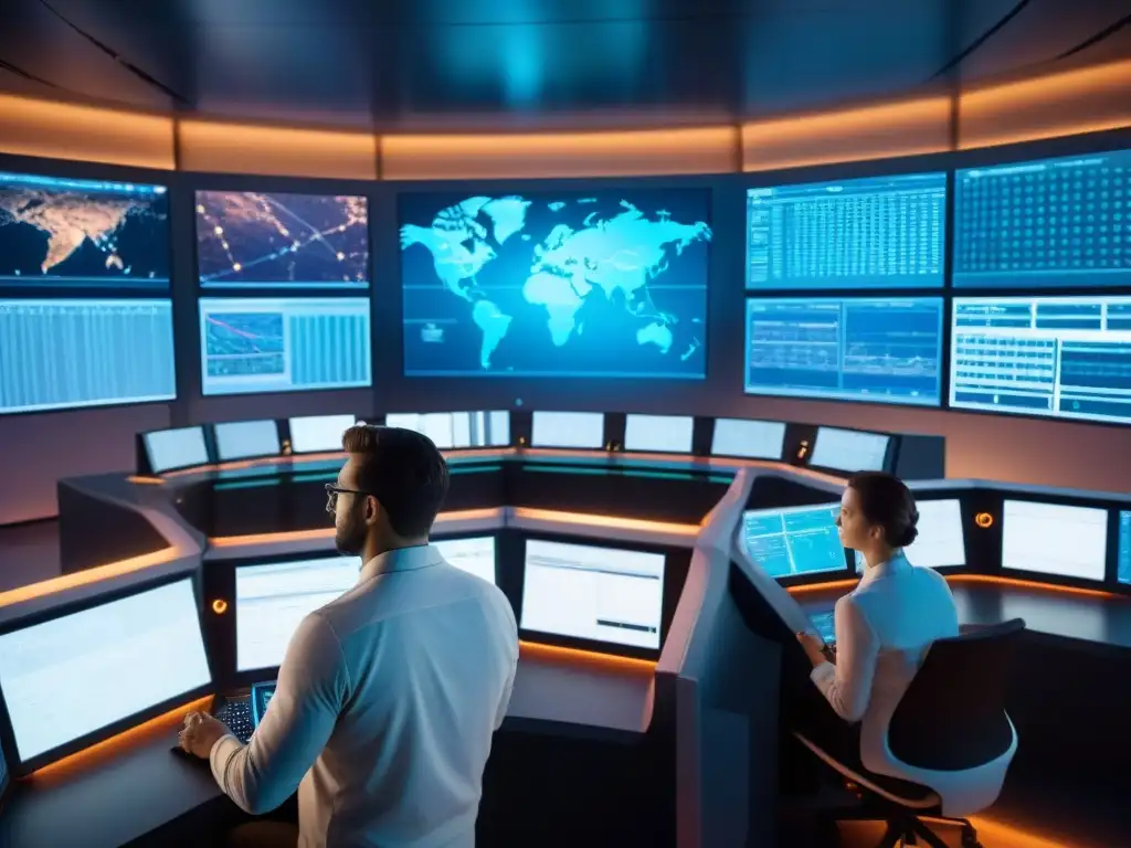 Un equipo global de científicos y ingenieros monitorea datos interplanetarios en una sala de control futurista